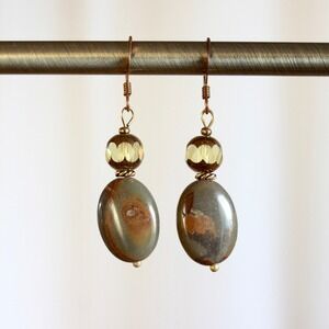 Handmade Jasper Stone Amber Glass Drop Earrings Brass Tone Boho Dangle I3